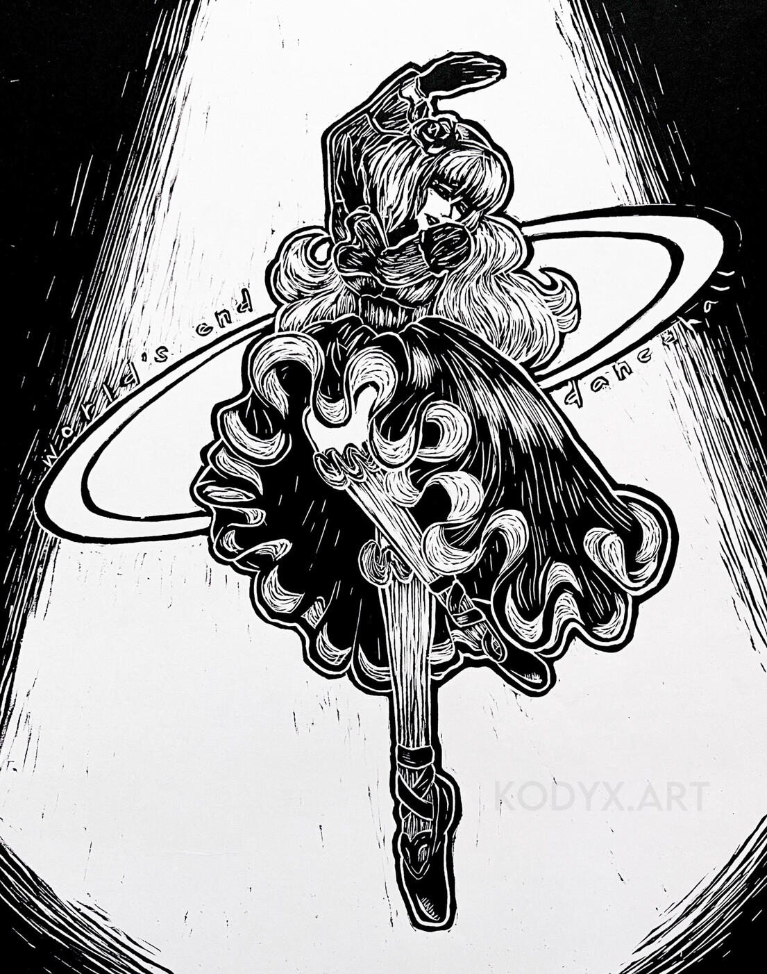 &quot;World&#39;s End Dancehall&quot;, Linocut Relief printed on Masa, 11x14&quot;